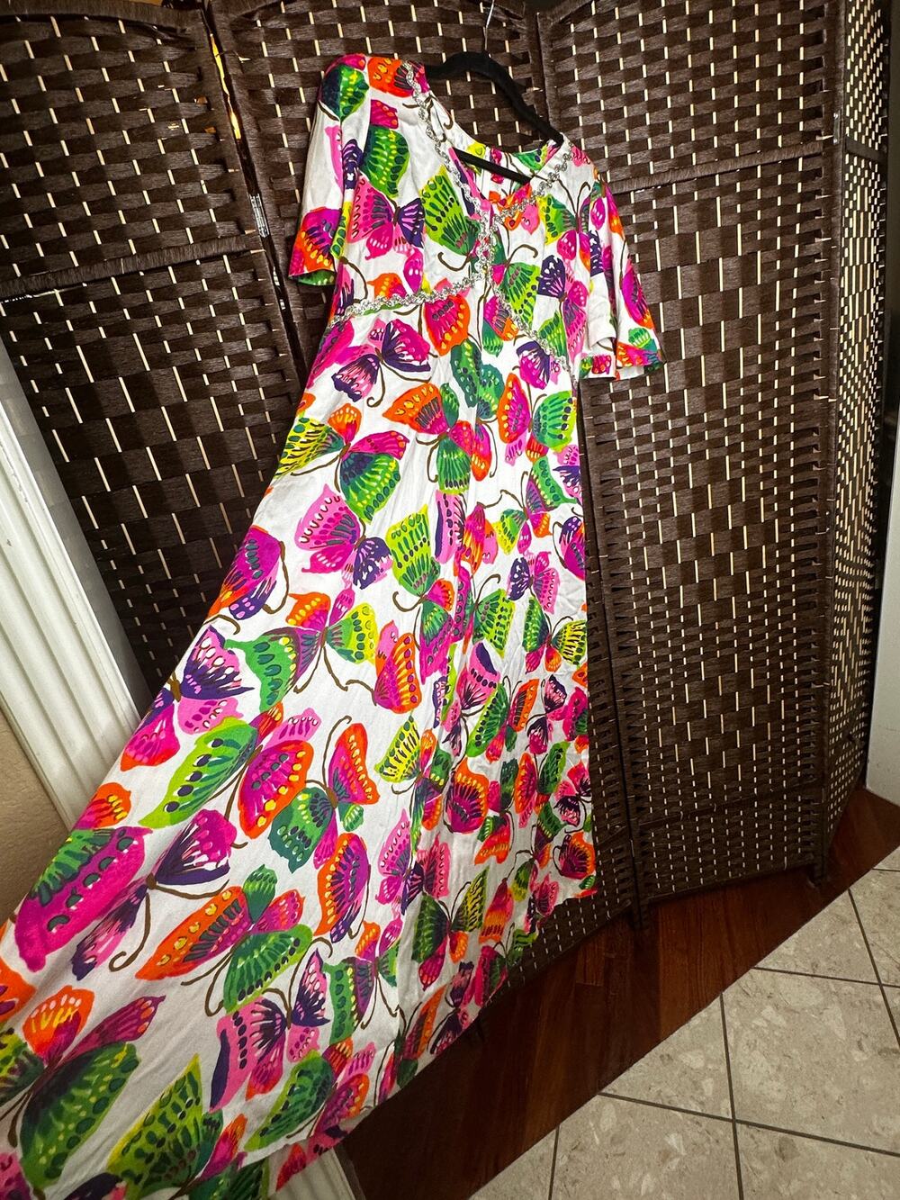 Vintage 60s 70s Psychedelic Butterfly Acrylic Barkcloth Maxi Dress Silver